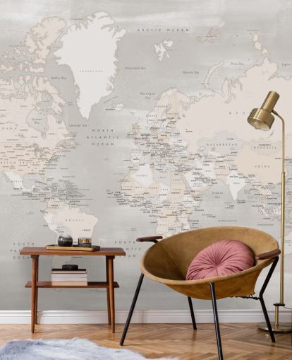 mural do mapa mundial com capitais em taupe
