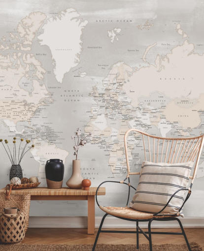 murale con mappa del mondo con capitali in tortora