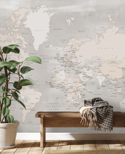 wereldkaart muurschildering met hoofdsteden in taupe wereldkaart muurschildering met hoofdsteden in taupe