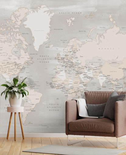world map mural with capital cities in taupe