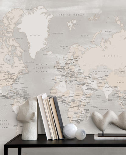 mural de mapa del mundo con capitales en color topo