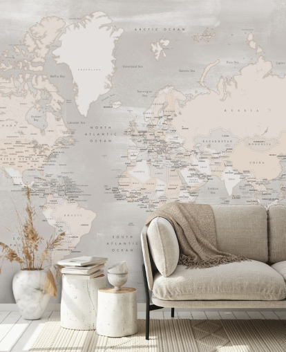 world map mural with capital cities in taupe