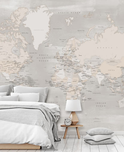 world map mural with capital cities in taupe