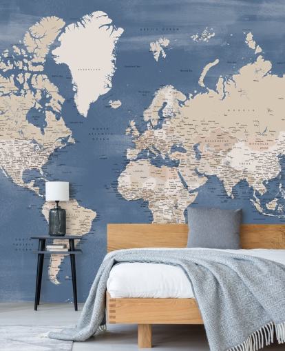 Weltkarten-Wandbild mit Städten und blauem Meer