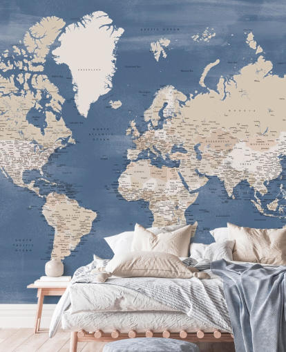 carte du monde murale avec villes et océan bleu