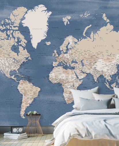world map mural with cities and blue ocean