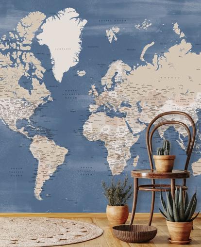 mural de mapa mundial con ciudades y océano azul