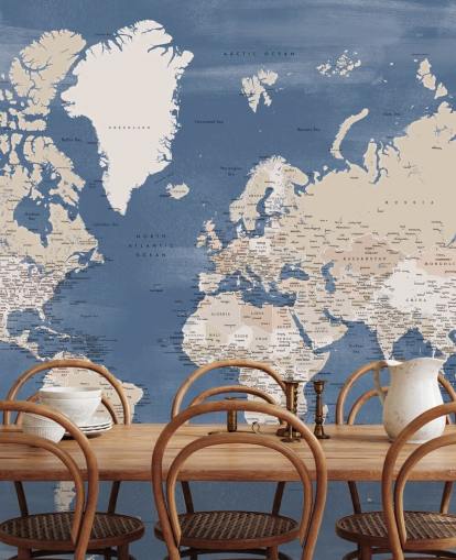 wereldkaart muurschildering met steden en blauwe oceaan wereldkaart muurschildering met steden en blauwe oceaan
