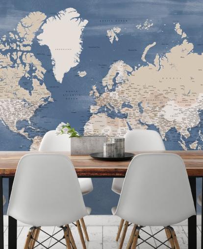 carte du monde murale avec villes et océan bleu