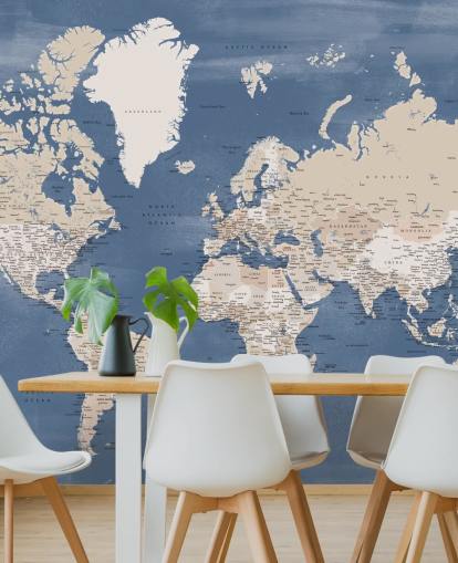 mural do mapa-múndi com cidades e oceano azul