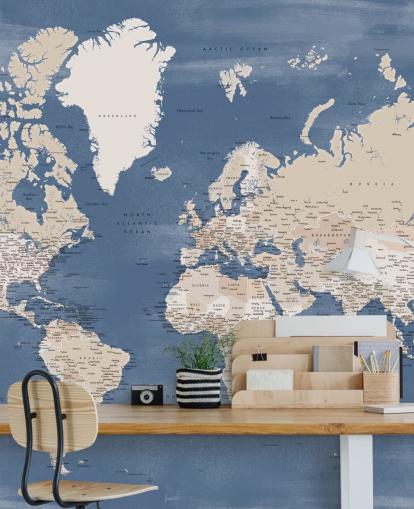 wereldkaart muurschildering met steden en blauwe oceaan