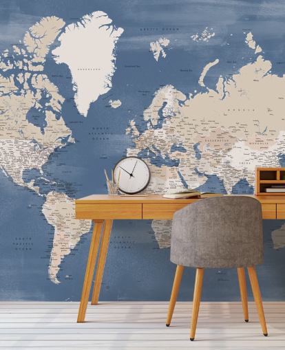 carte du monde murale avec villes et océan bleu