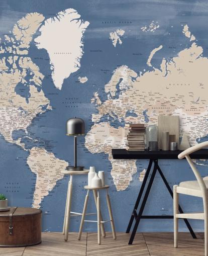 world map mural with cities and blue ocean