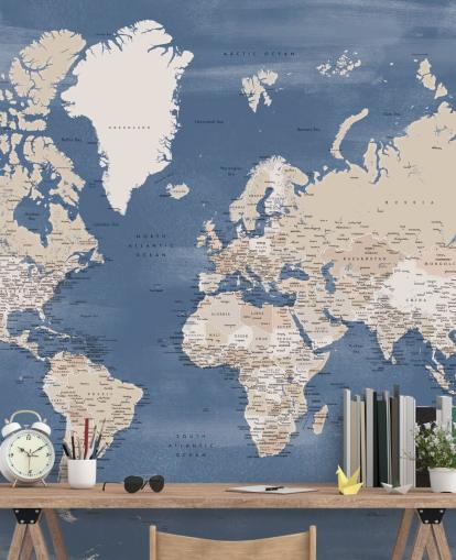 world map mural with cities and blue ocean