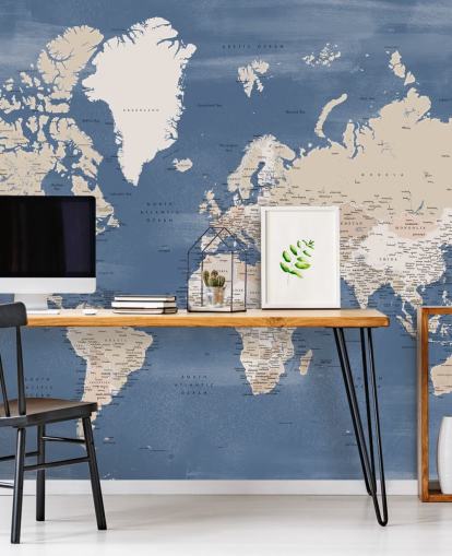 mural do mapa-múndi com cidades e oceano azul