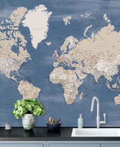 murale con mappa del mondo con città e oceano blu