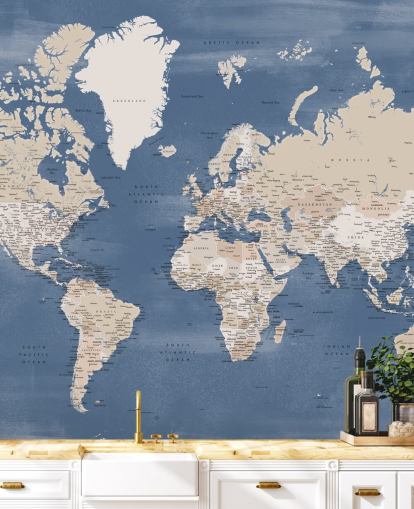 mural de mapa mundial con ciudades y océano azul