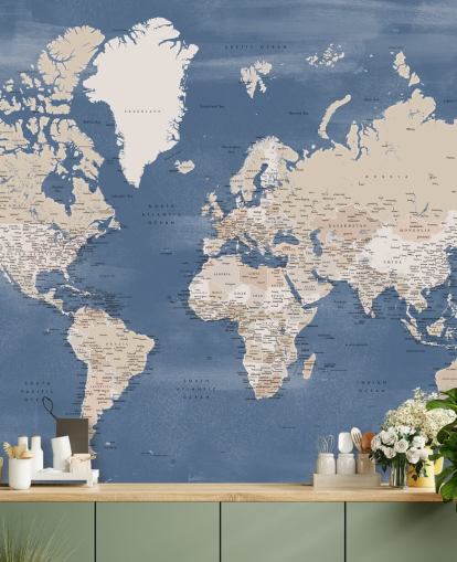 wereldkaart muurschildering met steden en blauwe oceaan