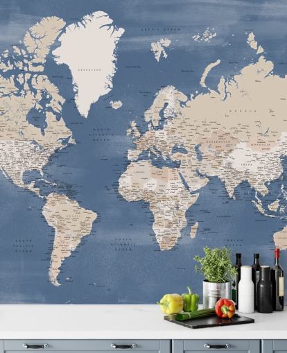 carte du monde murale avec villes et océan bleu