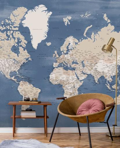 murale con mappa del mondo con città e oceano blu