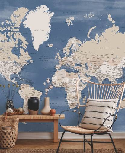 world map mural with cities and blue ocean