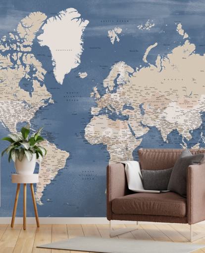 world map mural with cities and blue ocean
