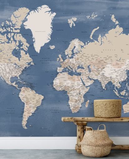 world map mural with cities and blue ocean