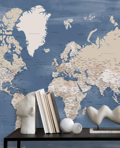 world map mural with cities and blue ocean