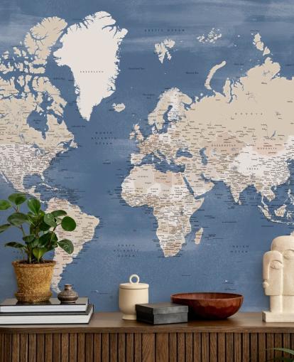 murale con mappa del mondo con città e oceano blu