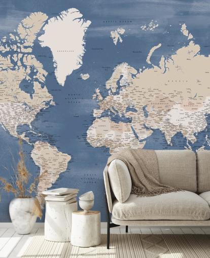 carte du monde murale avec villes et océan bleu