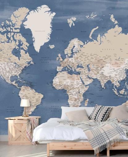 Weltkarten-Wandbild mit Städten und blauem Meer Weltkarten-Wandbild mit Städten und blauem Meer