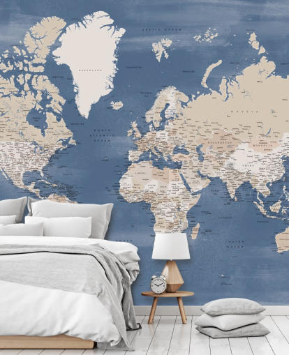 mural de mapa mundial con ciudades y océano azul mural de mapa mundial con ciudades y océano azul