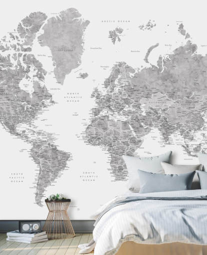 world map mural with cities in grey