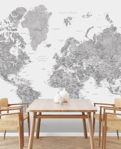 world map mural with cities in gray