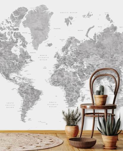 world map mural with cities in grey