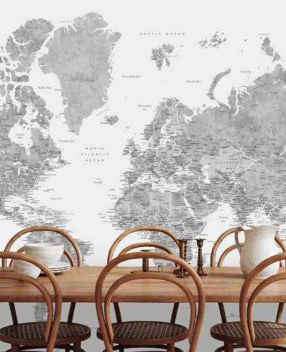 world map mural with cities in gray
