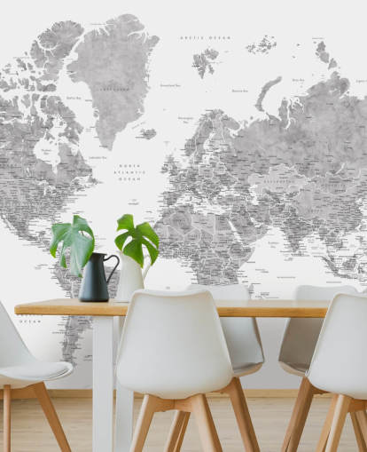 murale con mappa del mondo con città in grigio murale con mappa del mondo con città in grigio