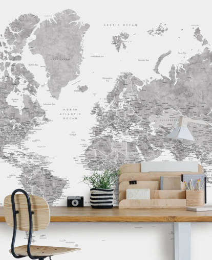 murale con mappa del mondo con città in grigio murale con mappa del mondo con città in grigio