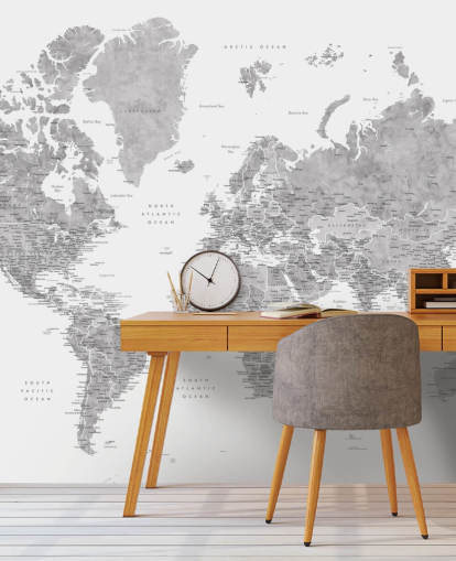 murale con mappa del mondo con città in grigio