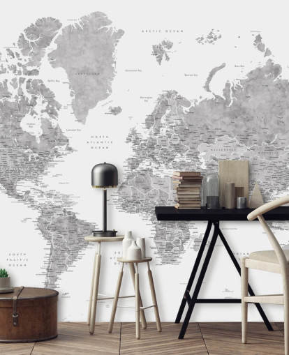 world map mural with cities in grey