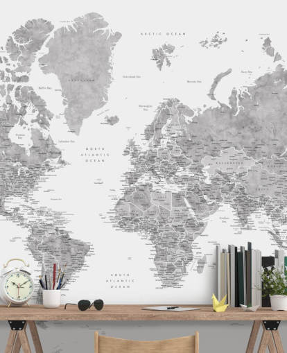 world map mural with cities in grey