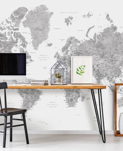world map mural with cities in grey