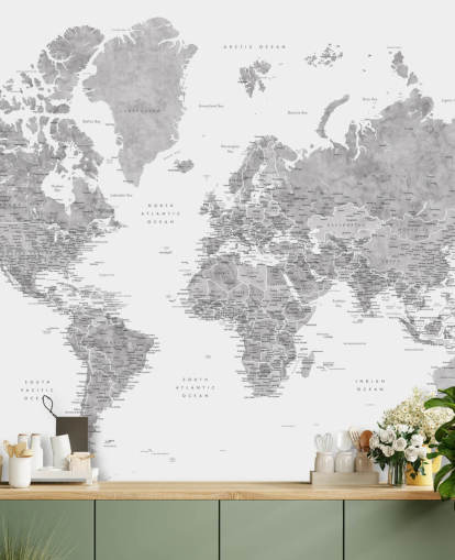 wereldkaart muurschildering met steden in grijs wereldkaart muurschildering met steden in grijs