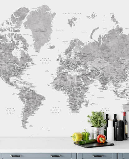 mural do mapa mundial com cidades em cinza