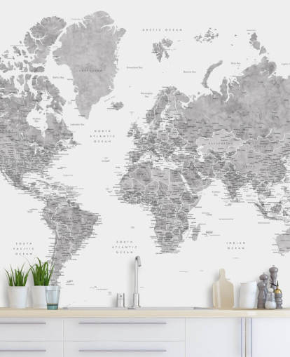 mural do mapa mundial com cidades em cinza