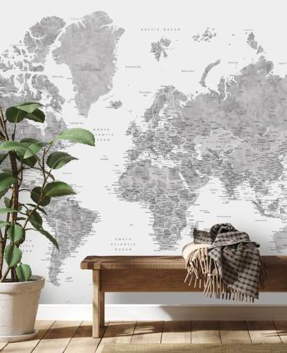 mural do mapa mundial com cidades em cinza