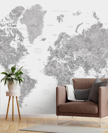 world map mural with cities in gray