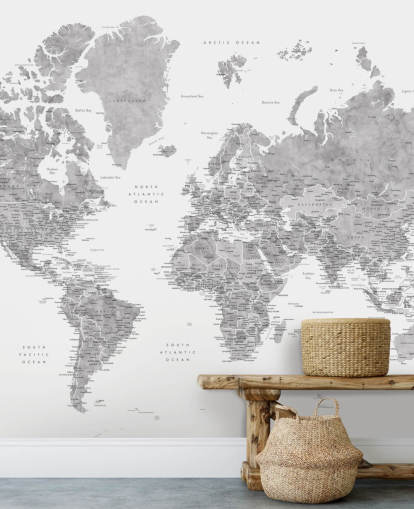 peinture murale de la carte du monde avec des villes en gris
