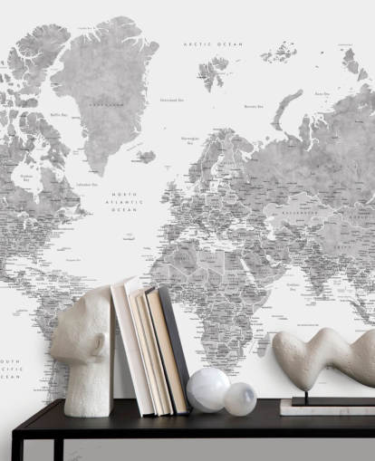 mural de mapa del mundo con ciudades en gris mural de mapa del mundo con ciudades en gris