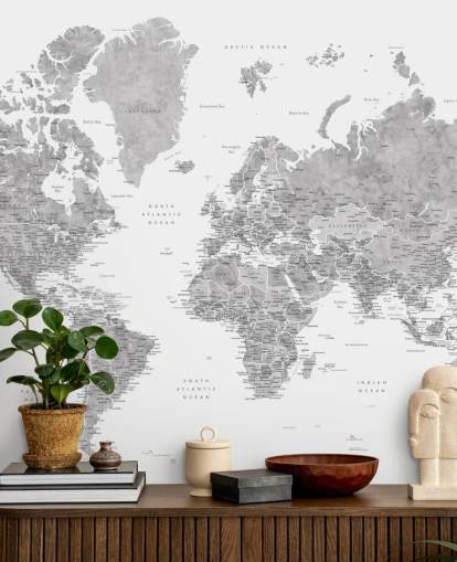 murale con mappa del mondo con città in grigio